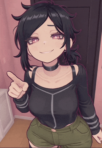 a girl with black hair and purple eyes is pointing at something