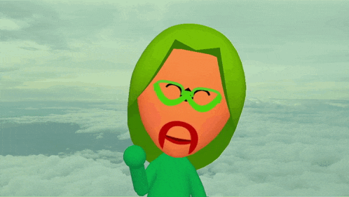 a cartoon character with green hair and green glasses has a red a on his face