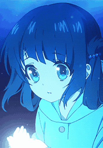 a girl with blue hair has the letters mi on her forehead