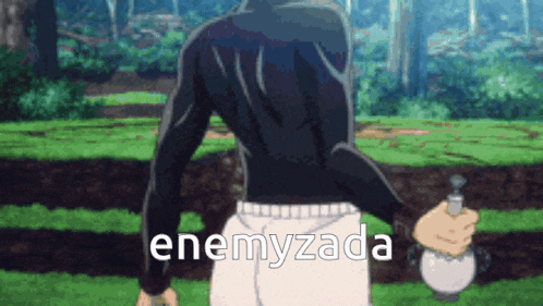 a man in a black jacket is holding a bottle and says enemyzada on the bottom