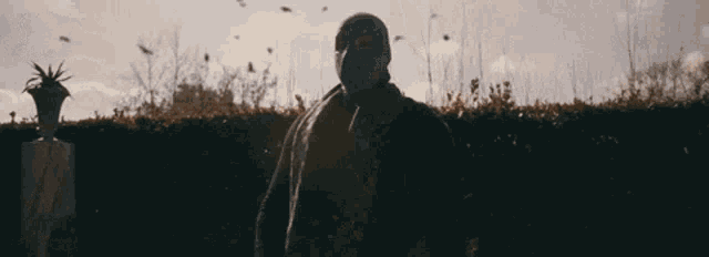 a man wearing a mask is standing in front of a flock of birds flying around him .
