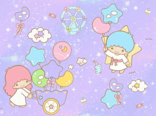 a purple background with a ferris wheel balloons stars and clouds