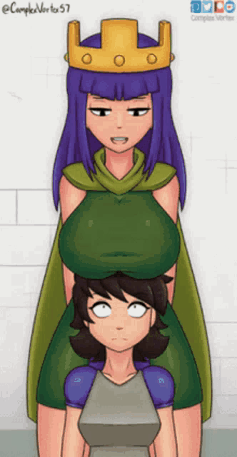 a cartoon of a woman with a crown on her head standing next to another woman
