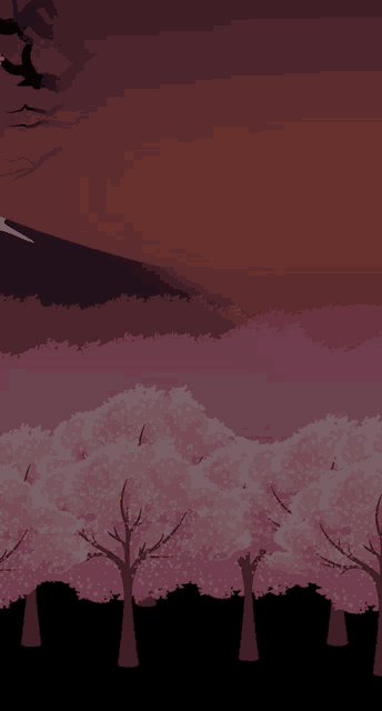 a painting of cherry blossom trees with birds flying in the background