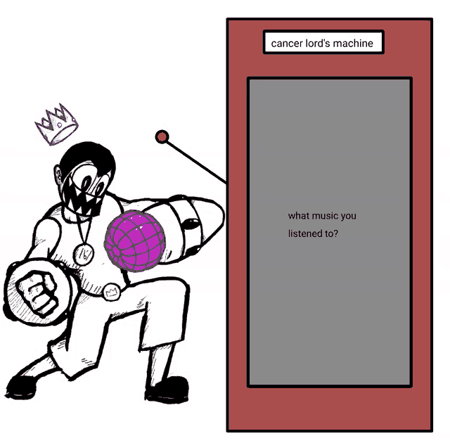 a drawing of a man holding a purple ball next to a machine that says " cancer lord 's machine "