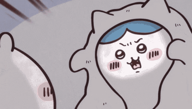 a cartoon drawing of a cat with a blue headband looking at another cat