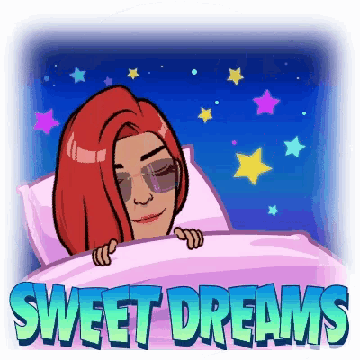 a cartoon of a woman sleeping with the words sweet dreams written below her