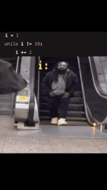 a man with dreadlocks is walking down an escalator with the numbers i = 1 and while i ! = 10