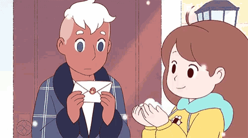 a boy and a girl are standing next to each other and the girl is holding an envelope .