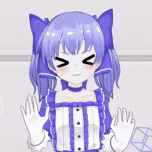 a girl with purple hair and white gloves making a funny face