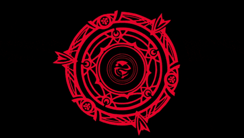 a red and black circle with a snake in the center on a black background .