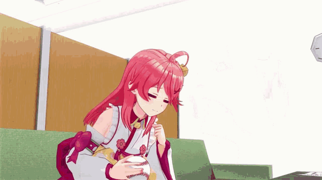 a 3d anime girl with red hair is sitting on a couch
