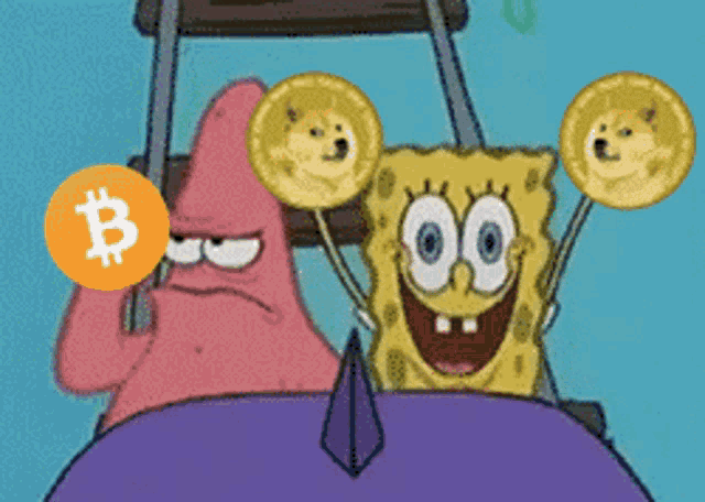 a cartoon of spongebob and patrick holding a bitcoin