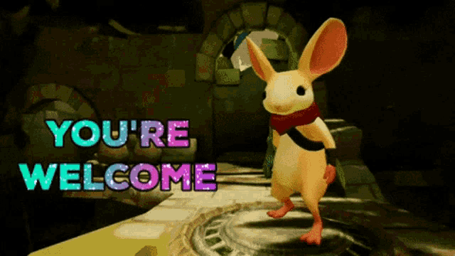 a cartoon rabbit with the words you 're welcome above it
