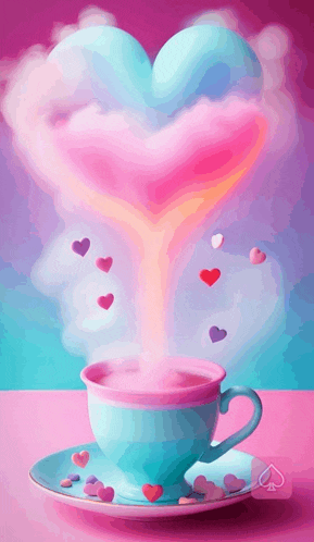 a cup of coffee with a heart shaped smoke coming out of it surrounded by hearts