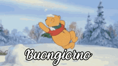 a picture of winnie the pooh in the snow with the words buongiorno