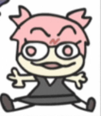a cartoon character with pink hair and glasses is sitting on the floor .