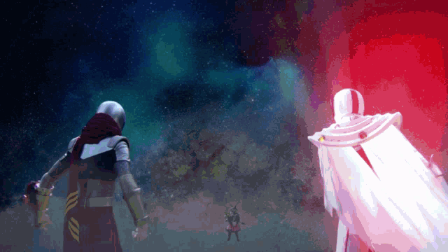 a painting of two people standing next to each other with a red and white background