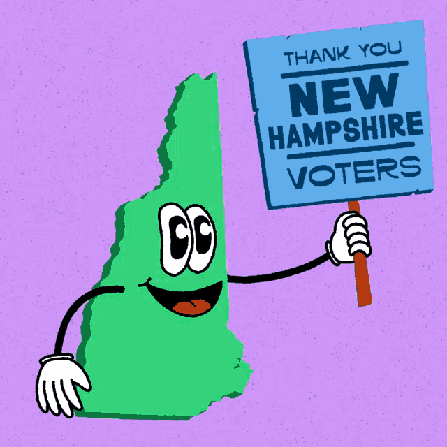a cartoon drawing of a new hampshire map holding a sign that says thank you new hampshire voters