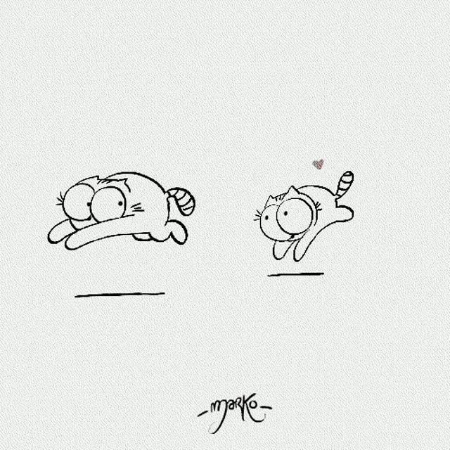 a black and white drawing of a cat and a cat in love with hearts flying in the air