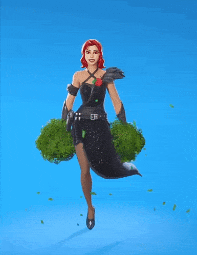 a cheerleader in a black dress is holding green pom poms