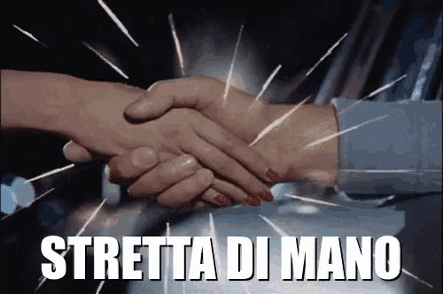 a man and woman shaking hands with the words stretta di mano behind them