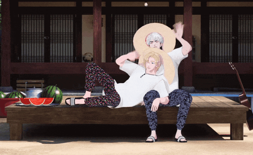 a couple of anime characters sitting on a wooden bench with watermelons in the background