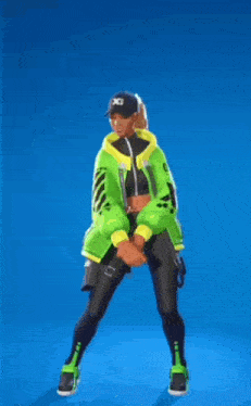 a woman wearing a green jacket and black pants is dancing in a video game .