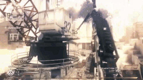 a video game is being played with the number 32 on a building
