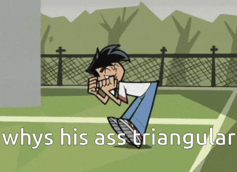 a cartoon character is standing on a tennis court with the words " whys his ass triangular " above him