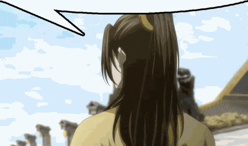 a woman with a ponytail stands in front of a building with a speech bubble above her head