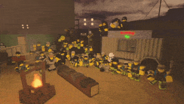 a group of roblox characters are gathered in front of a building with a red sign that says ' buildshop '