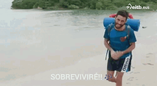 a man with a backpack is walking on a beach with the words sobrevivire written on the bottom