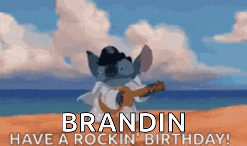 a cartoon character is playing a guitar on a beach and says brandin have a rockin ' birthday .