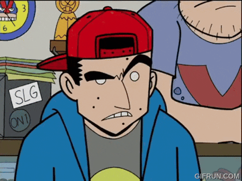 a cartoon character has a sticker on his jacket that says slg on it