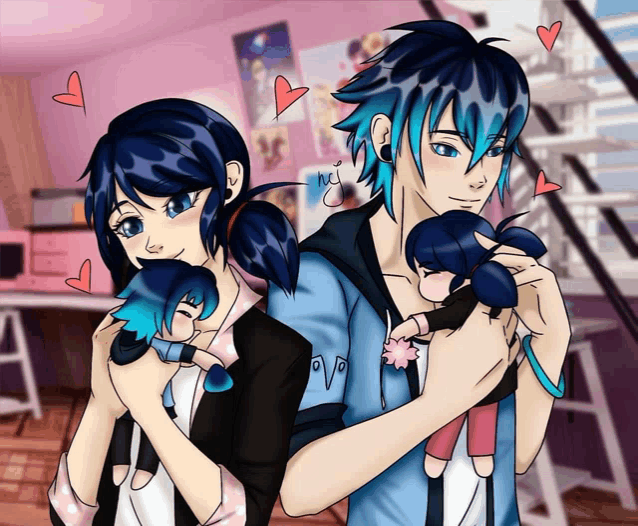 a drawing of a man and woman holding two dolls with hearts around them