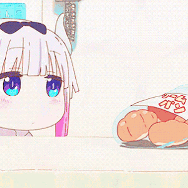 a girl with horns and blue eyes is eating a bag of chips