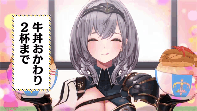 a girl in armor is holding two bowls of food in front of her