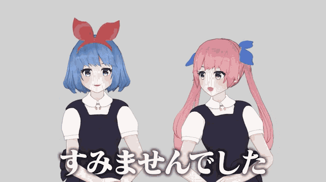 two anime girls are standing next to each other with the words " すみません でし た " written below them