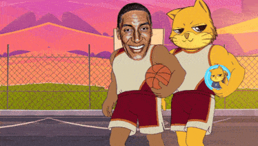 a cartoon of two basketball players and a cat