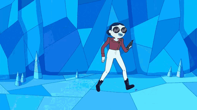 a cartoon character wearing sunglasses stands in front of a blue background