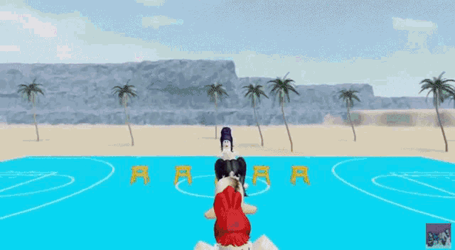 a basketball game is being played on a beach with palm trees in the background