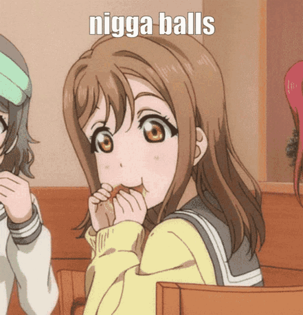 a girl eating a sandwich with the words nigga balls written above her