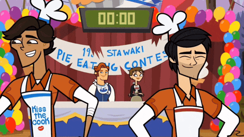 a cartoon of two men standing in front of a sign that says pie eating contests