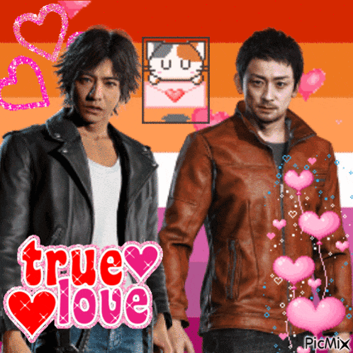 a couple of men standing next to each other with the words true love on the bottom