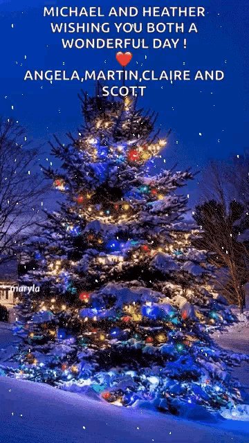 a picture of a christmas tree with the words michael and heather wishing you both a wonderful day