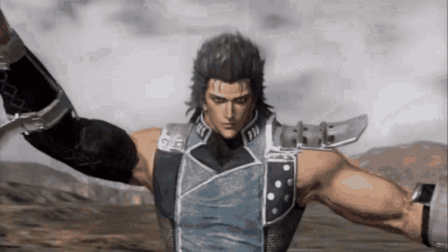 a video game character with his arms outstretched is wearing a blue vest