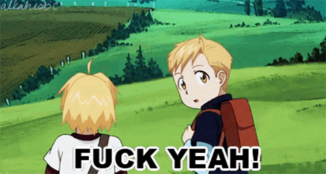 two anime characters are standing in a field with the words " fuck yeah " written below them