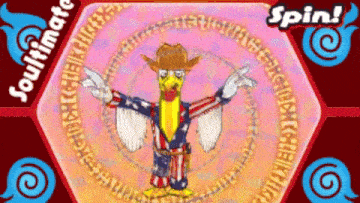 a drawing of a chicken in a cowboy hat with the words spin below it