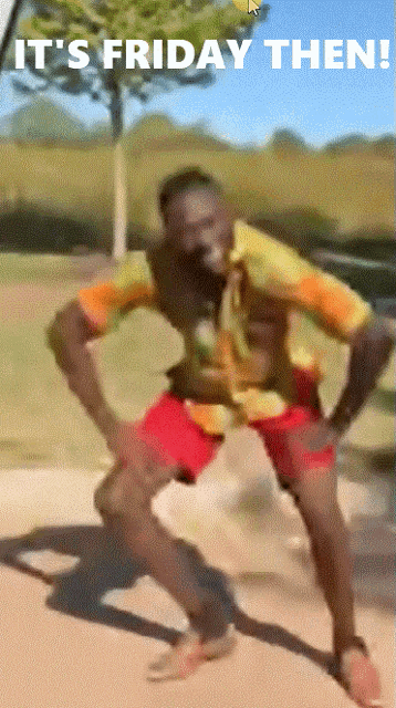 a man is dancing with the words it 's friday then on the bottom